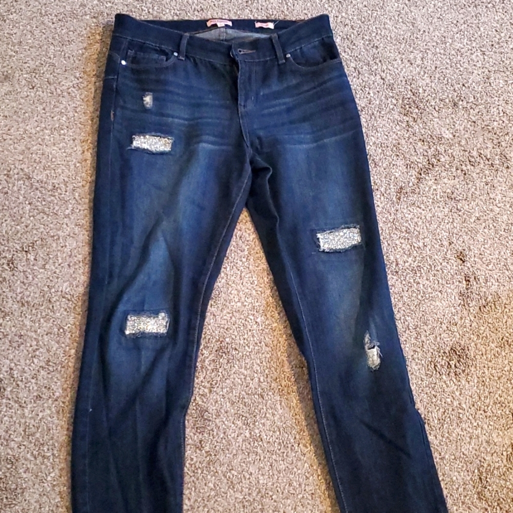 Juicy Couture Ripped Skinny Jeans with Rhinestone patches.